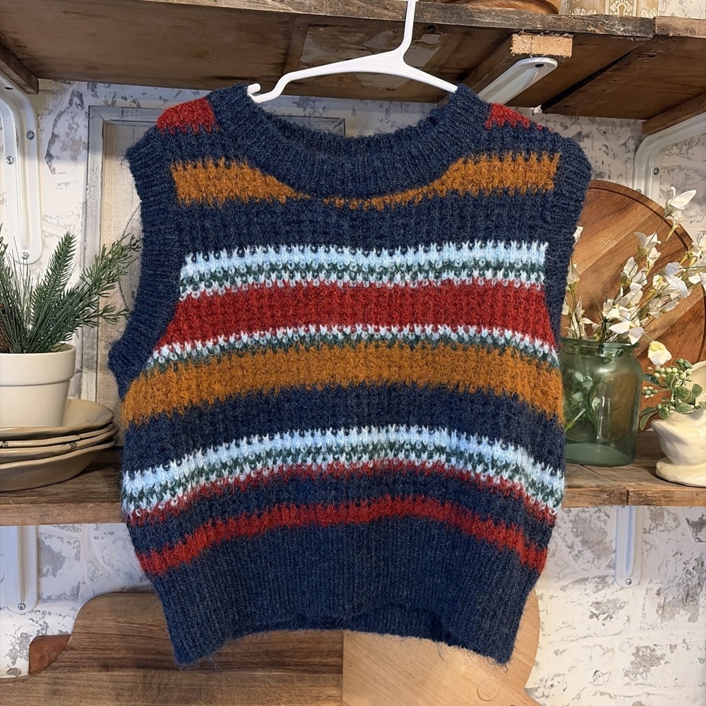 Cozy Fall Retro Stripe Wool Blend Pullover Textured Knit Sweater Vest Womens L